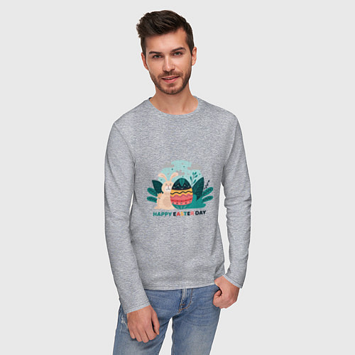 Мужской лонгслив Пасхальный кролик с надписью / Меланж – фото 3