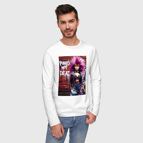 Мужской лонгслив Punks not dead - cool Barbie ai art / Белый – фото 3