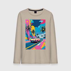 Лонгслив хлопковый мужской Кабриолет едет по тропическому острову в стиле Куб, цвет: миндальный