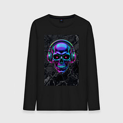 Лонгслив хлопковый мужской Неоновый череп в наушниках, цвет: черный