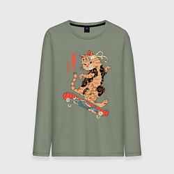 Лонгслив хлопковый мужской Кот самурай - скейтбордист, цвет: авокадо