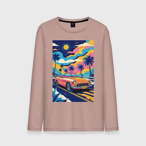 Мужской лонгслив Кабриолет едет по тропическому острову / Пыльно-розовый – фото 1
