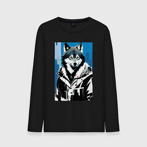 Мужской лонгслив Волк в мегаполисе - нейроарт / Черный – фото 1