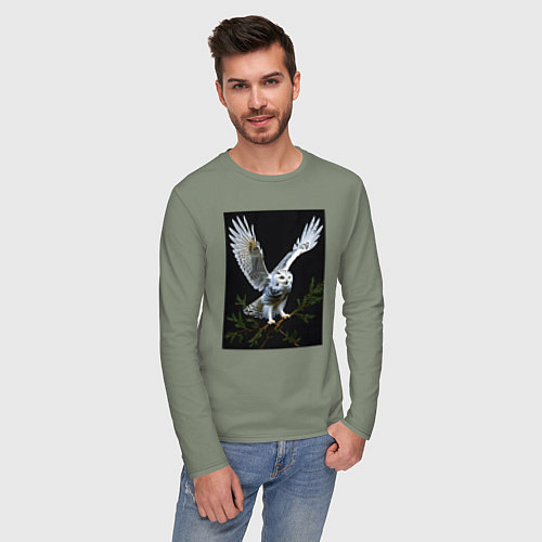 Мужской лонгслив Белая сова на дереве / Авокадо – фото 3