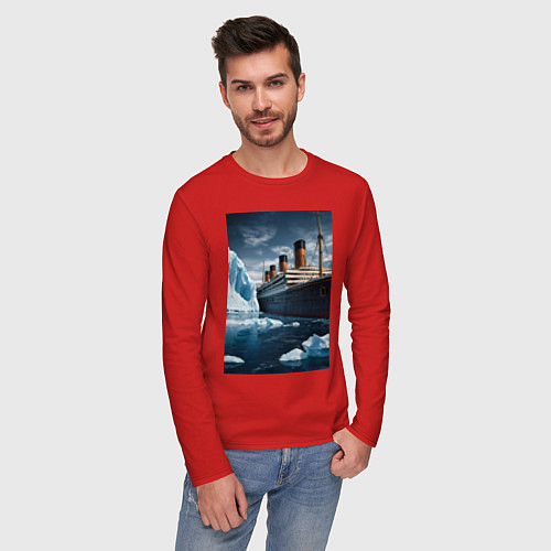 Мужской лонгслив Титаник плывет среди айсбергов / Красный – фото 3