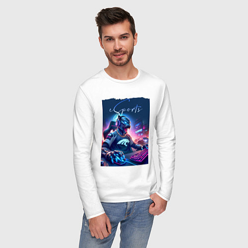 Мужской лонгслив Cyber panther is esports player - neon glow / Белый – фото 3