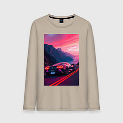 Лонгслив хлопковый мужской Суперкар едет около океана, цвет: миндальный