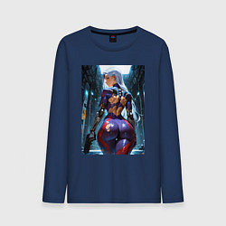 Лонгслив хлопковый мужской Девушка с оружием в киберпанк стиле, цвет: тёмно-синий