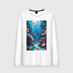 Лонгслив хлопковый мужской Подводный коралловый риф с рыбками, цвет: белый