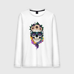 Лонгслив хлопковый мужской The skull in flowers, цвет: белый