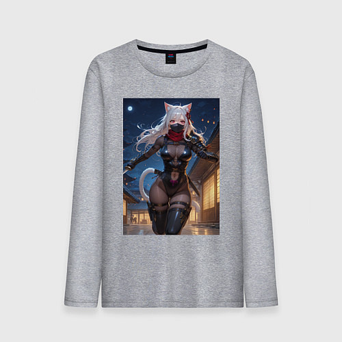 Мужской лонгслив Кошка-ниндзя с ножами бежит в ночи / Меланж – фото 1