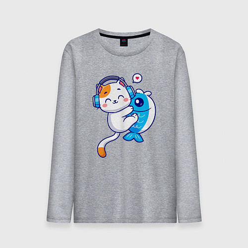 Мужской лонгслив Котик и рыба / Меланж – фото 1