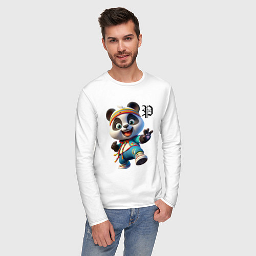 Мужской лонгслив Funny panda cub - anime / Белый – фото 3