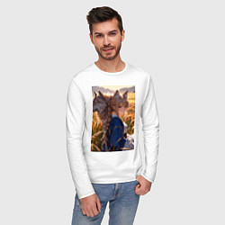 Лонгслив хлопковый мужской Девушка-волчица посреди поля пшеницы, цвет: белый — фото 2