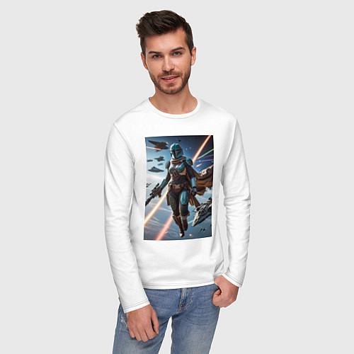 Мужской лонгслив Девушка-мандалорец в космосе / Белый – фото 3