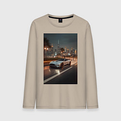 Лонгслив хлопковый мужской Белый суперкар едет по аллее в город, цвет: миндальный