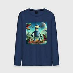 Лонгслив хлопковый мужской Робот-сгибальщик Бендер с пистолетом среди крокоди, цвет: тёмно-синий
