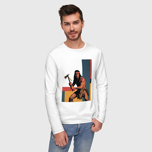 Мужской лонгслив Индеец с томагавком поп-арт / Белый – фото 3