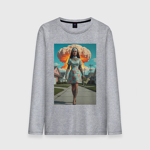 Мужской лонгслив Девушка в костюме монашки уходит от взрыва / Меланж – фото 1