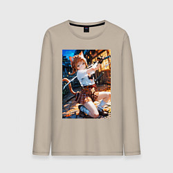 Лонгслив хлопковый мужской Девушка-кошка стоит в боевой стойке, цвет: миндальный