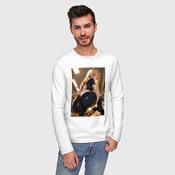 Лонгслив хлопковый мужской Девушка-тигрица в облегающих щортиках, цвет: белый — фото 2