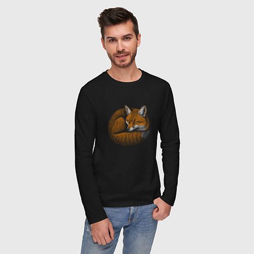 Мужской лонгслив Спящий рыжий лисёнок / Черный – фото 3