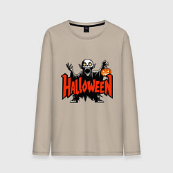 Лонгслив хлопковый мужской Вампир с надписью halloween, цвет: миндальный