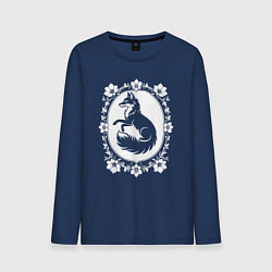 Лонгслив хлопковый мужской Лиса в цветочной раме, цвет: тёмно-синий