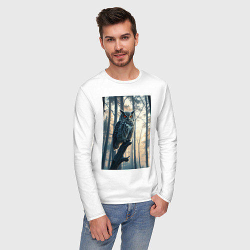 Мужской лонгслив Сова в ночном лесу / Белый – фото 3