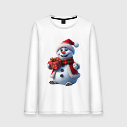Лонгслив хлопковый мужской Новогодний снеговик в красной шапке, цвет: белый