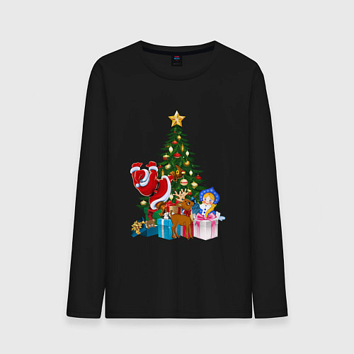 Мужской лонгслив Санта Клаус и снегурочка радуются новому году / Черный – фото 1