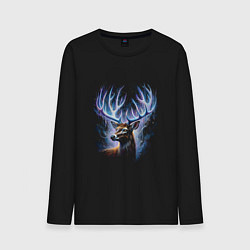 Лонгслив хлопковый мужской Мистический олень с сияющими рогами, цвет: черный