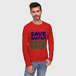 Лонгслив хлопковый мужской Save water, цвет: красный — фото 2