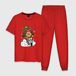 Пижама хлопковая мужская Олень на байке цвета красный — фото 1