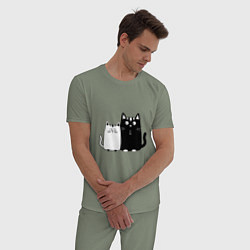 Пижама хлопковая мужская Удивленные коты, цвет: авокадо — фото 2