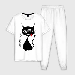 Пижама хлопковая мужская Кошка Мяу, цвет: белый
