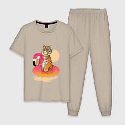 Пижама хлопковая мужская Тигр на фламинго, цвет: миндальный