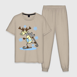 Пижама хлопковая мужская Олень на лыжах, цвет: миндальный
