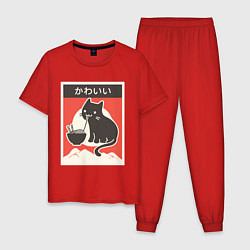 Пижама хлопковая мужская Котик и рамен, цвет: красный