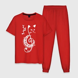 Пижама хлопковая мужская Котик музыкальный белый, цвет: красный