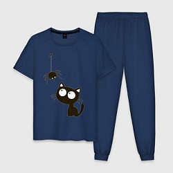 Пижама хлопковая мужская Котик и паучек, цвет: тёмно-синий