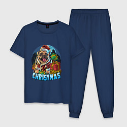 Пижама хлопковая мужская Рождественский мопс, цвет: тёмно-синий