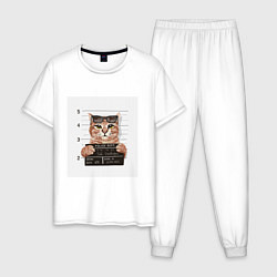 Пижама хлопковая мужская Арестованный кот, цвет: белый
