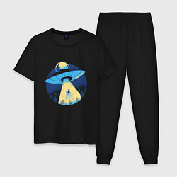 Пижама хлопковая мужская Похищение пришельцами в лесу, цвет: черный