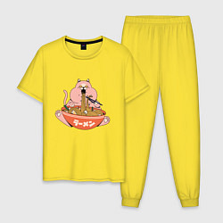 Пижама хлопковая мужская Толстый кот ест лапшу рамен, цвет: желтый