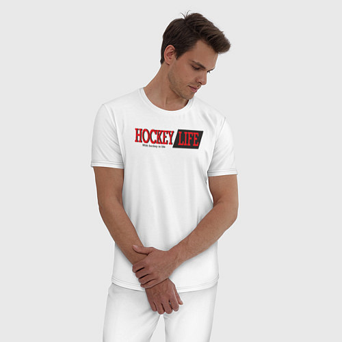 Мужская пижама Hockey life logo text / Белый – фото 3