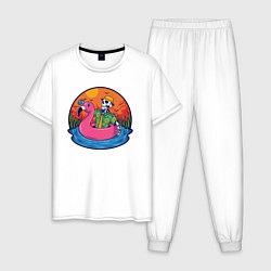 Пижама хлопковая мужская Скелет в надувном Фламинго, цвет: белый