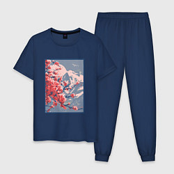 Пижама хлопковая мужская Цветение Сакуры на фоне Фудзи, цвет: тёмно-синий