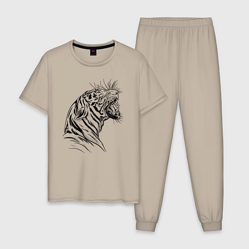 Мужская пижама Чёрно белый рисунок тигра / Миндальный – фото 1