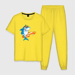 Пижама хлопковая мужская Акула серфер, цвет: желтый
